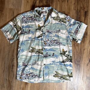 VTG Kalaheo Shirt Men L WW2 Military Plane AOP USA Made 80s 90s Hawaiian Camp